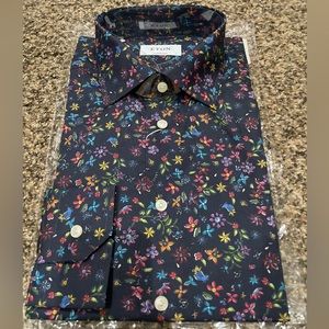 BRAND NEW-Eton navy Blue floral print twill shirt-size: 17/43